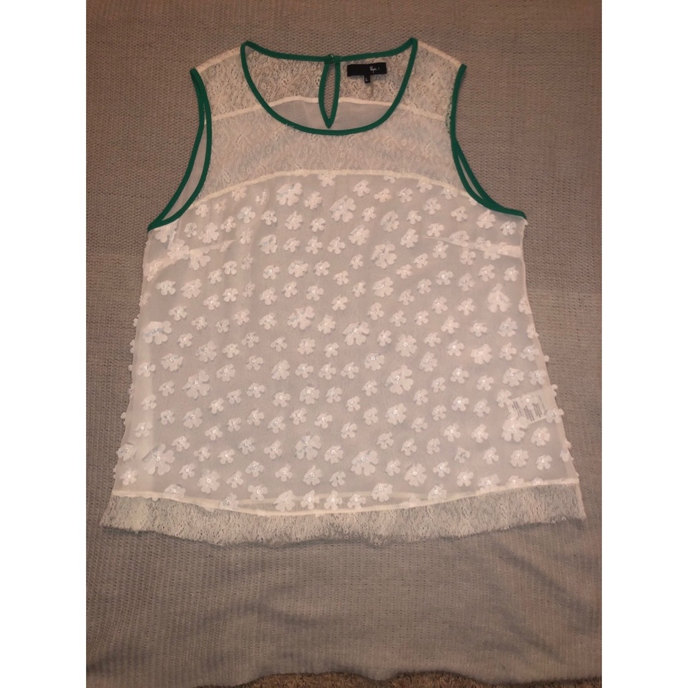 RYU White w/Green Border Sleeveless Top Size Large